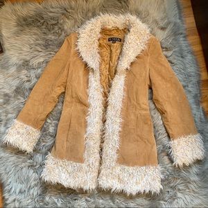 Boho chic! Camel suede leather & faux fur coat